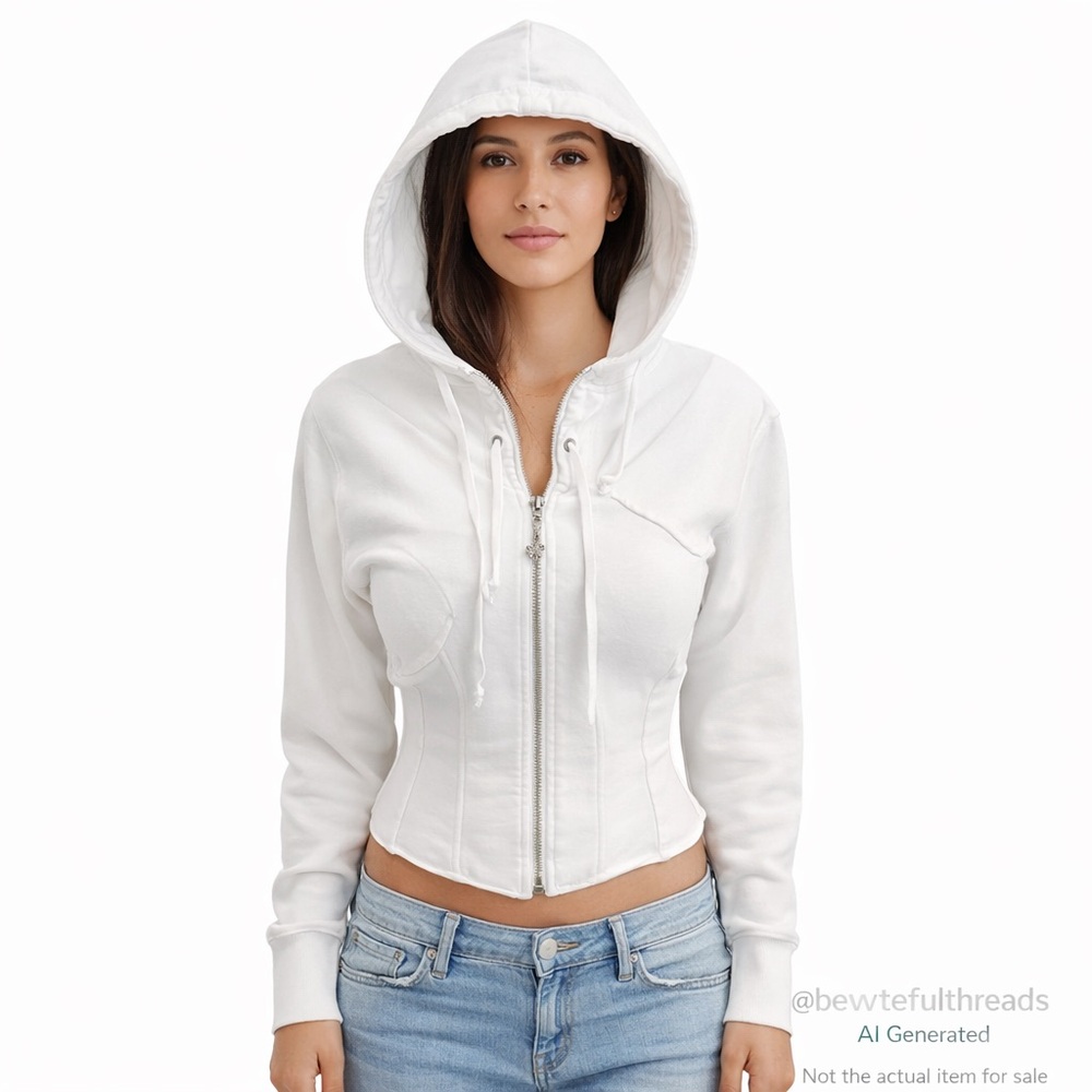 Y2K Corset Zip Hoodie White Cropped Fitted Indie Sleaze XS
